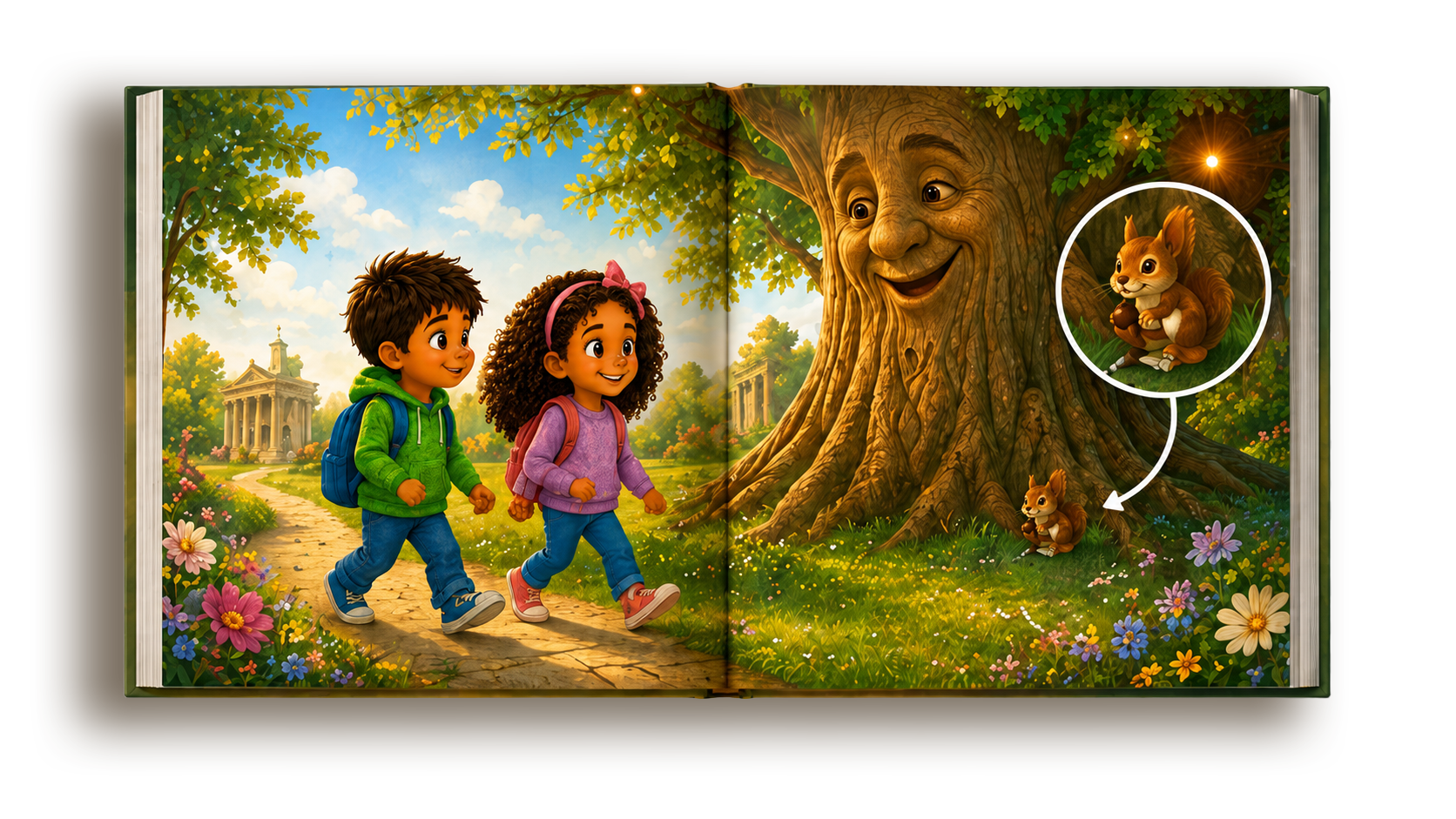 Book spread with hidden squirrel